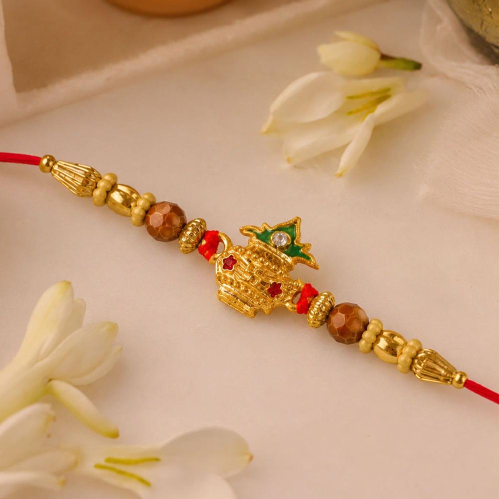 Golden Kalash Rakhi - Elegant Moti Design for Brother