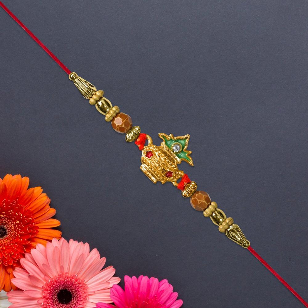 Golden Kalash Rakhi - Elegant Moti Design for Brother
