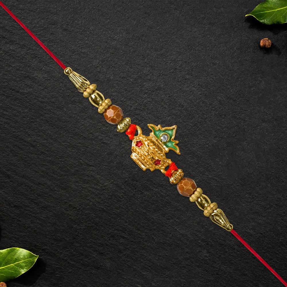 Golden Kalash Rakhi - Elegant Moti Design for Brother