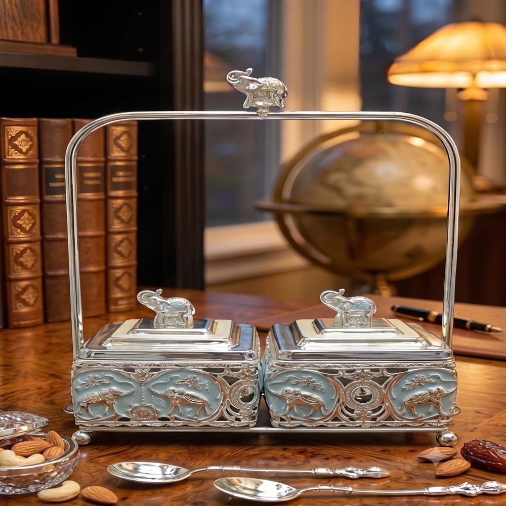 24 pcs ctn German Silver Dry Fruits Pot Handle - German Silver, 12x10x13 cm, Silver with Pastel Blue Enamel, Embossed Animal Motifs, Elephant Handle and Lid Finial