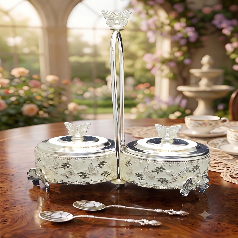 24 pcs ctn German Silver Dry Fruits Pot with Handle - German Silver Alloy, 26x17x30 cm, Glossy Silver Finish | Twin Pots, Butterfly Handles, Mirror Polish, Food Safe, Gift Set