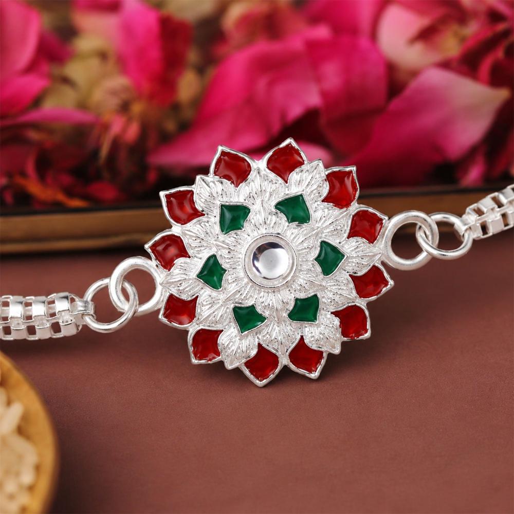 Silver Chain Rakhi - Elegant for Brother, Red & Green Accents