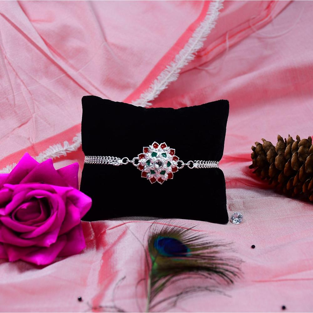 Silver Chain Rakhi - Elegant for Brother, Red & Green Accents