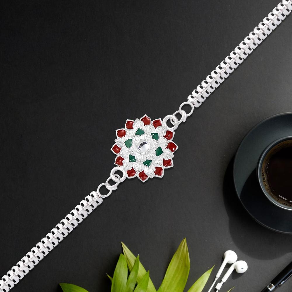 Silver Chain Rakhi - Elegant for Brother, Red & Green Accents