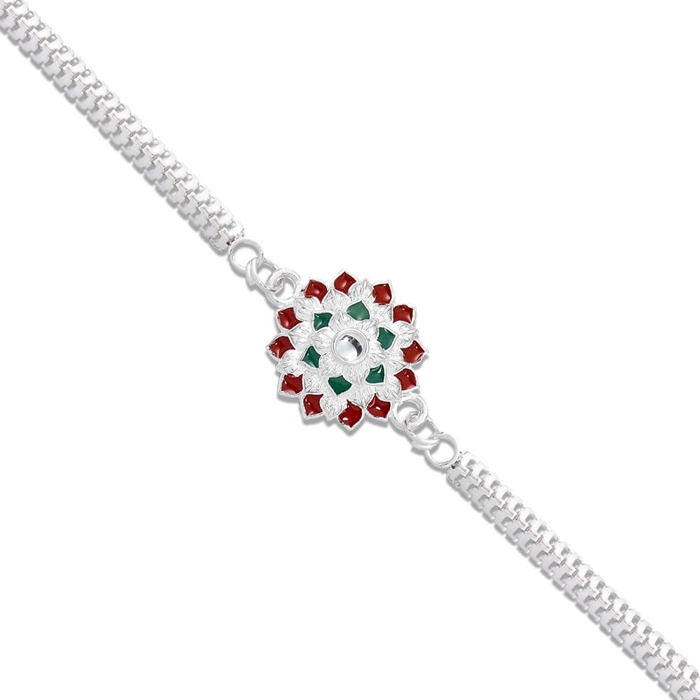 Silver Chain Rakhi - Elegant for Brother, Red & Green Accents