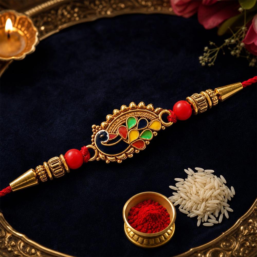 Peacock Rakhi - Elegant Designer Thread with Red Beads for Brother
