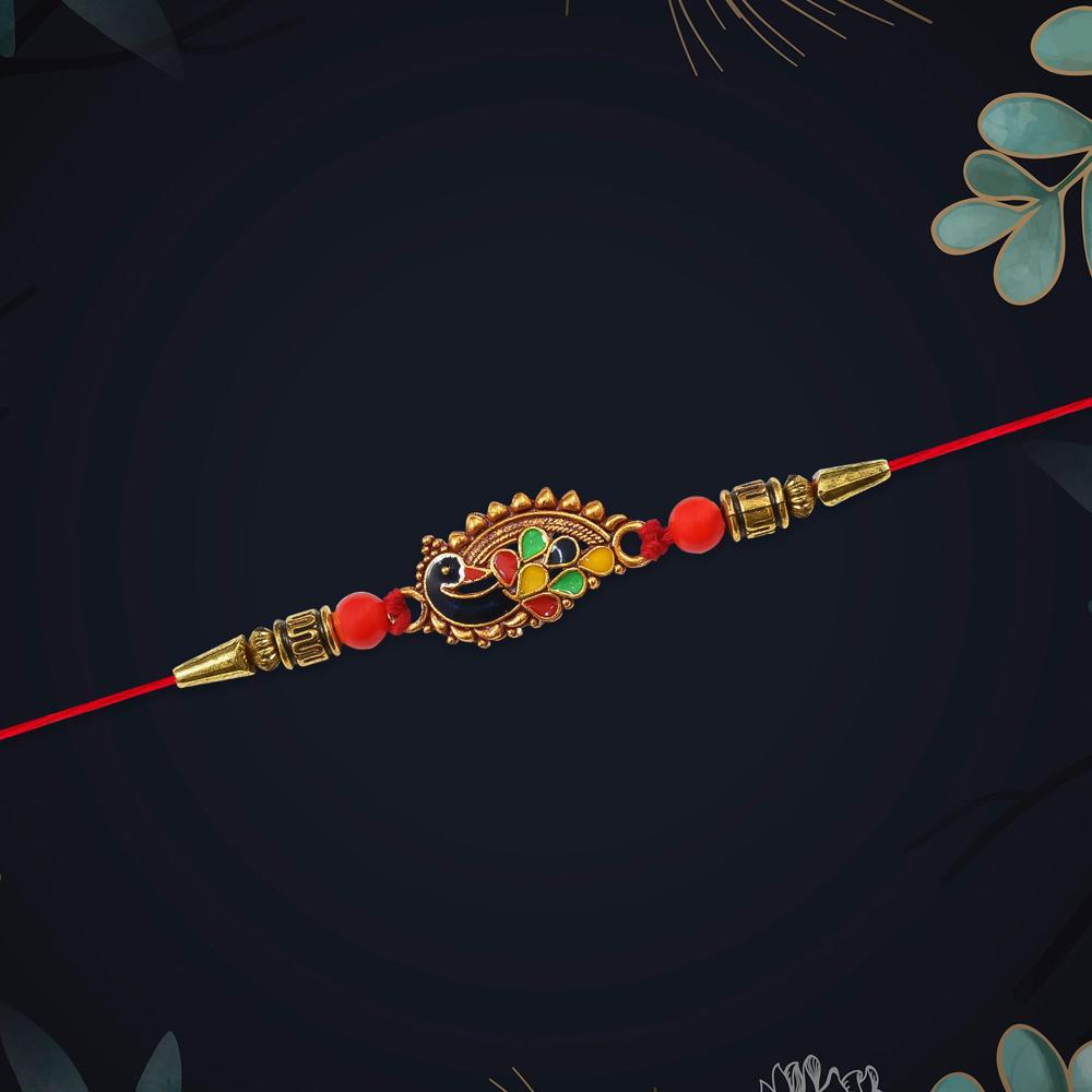 Peacock Rakhi - Elegant Designer Thread with Red Beads for Brother