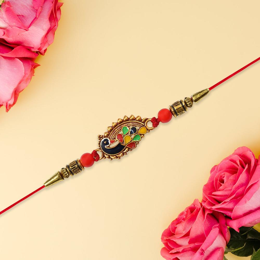 Peacock Rakhi - Elegant Designer Thread with Red Beads for Brother