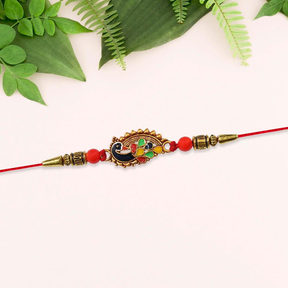 Peacock Rakhi - Elegant Designer Thread with Red Beads for Brother