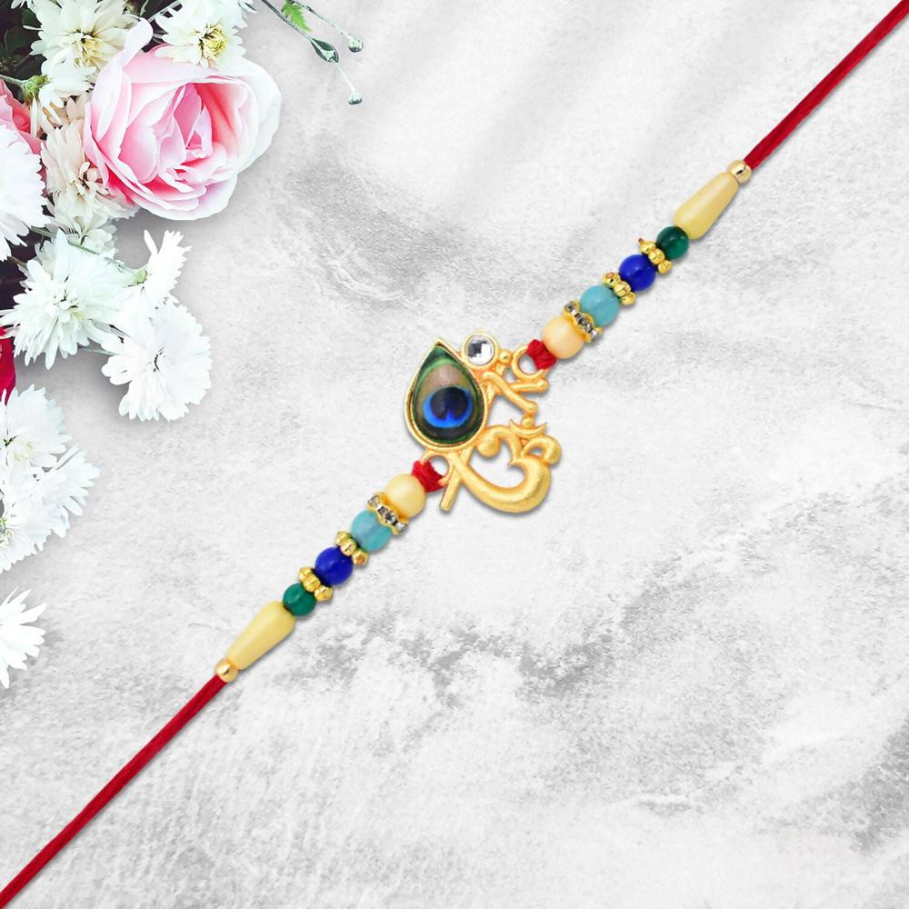 Peacock Feather Rakhi - Divine Multicolor Beads for Brother