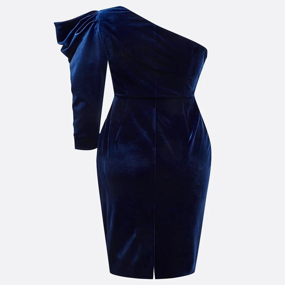 Export Surplus Women's Navy Blue One Shoulder Velvet Midi Dress