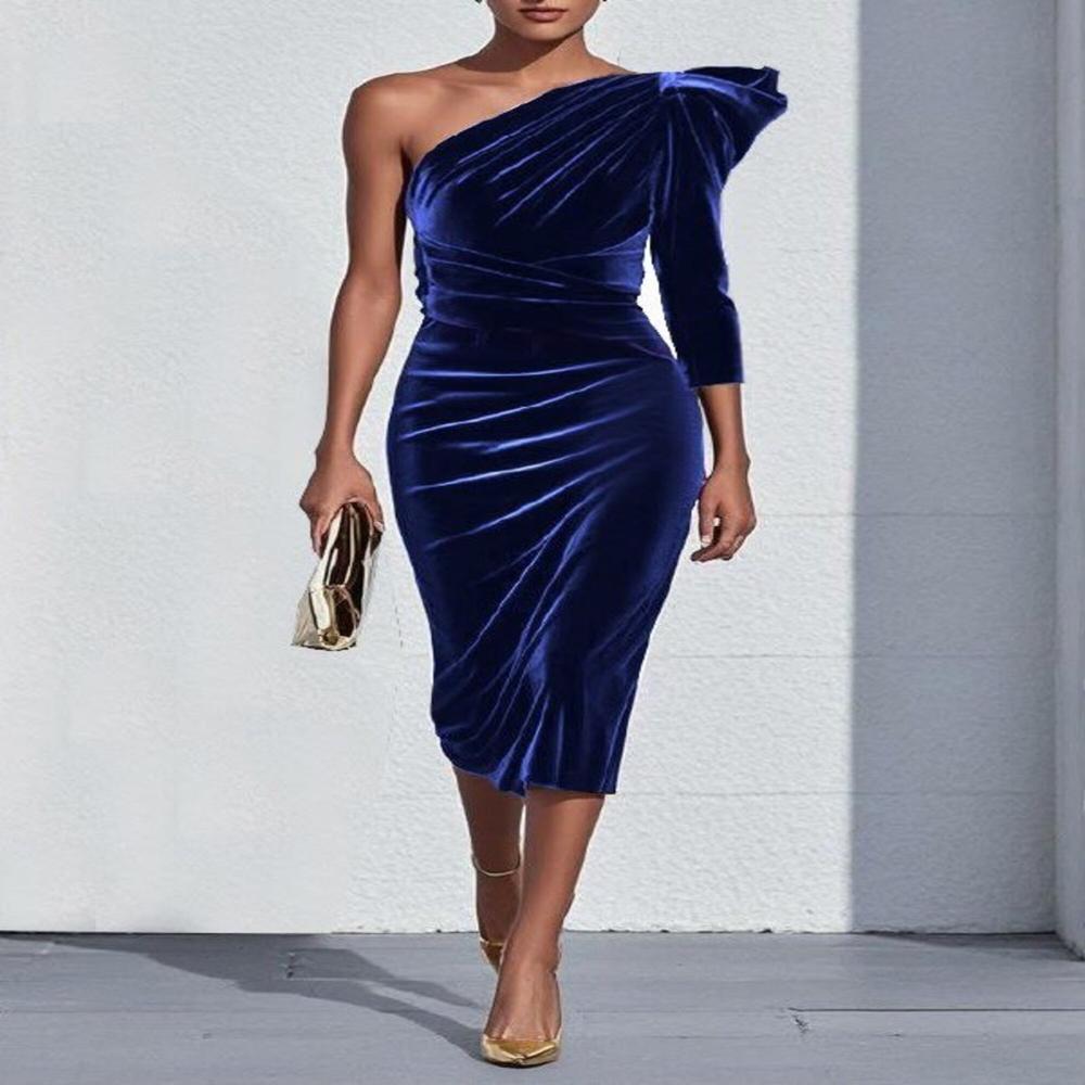 Export Surplus Women's Navy Blue One Shoulder Velvet Midi Dress