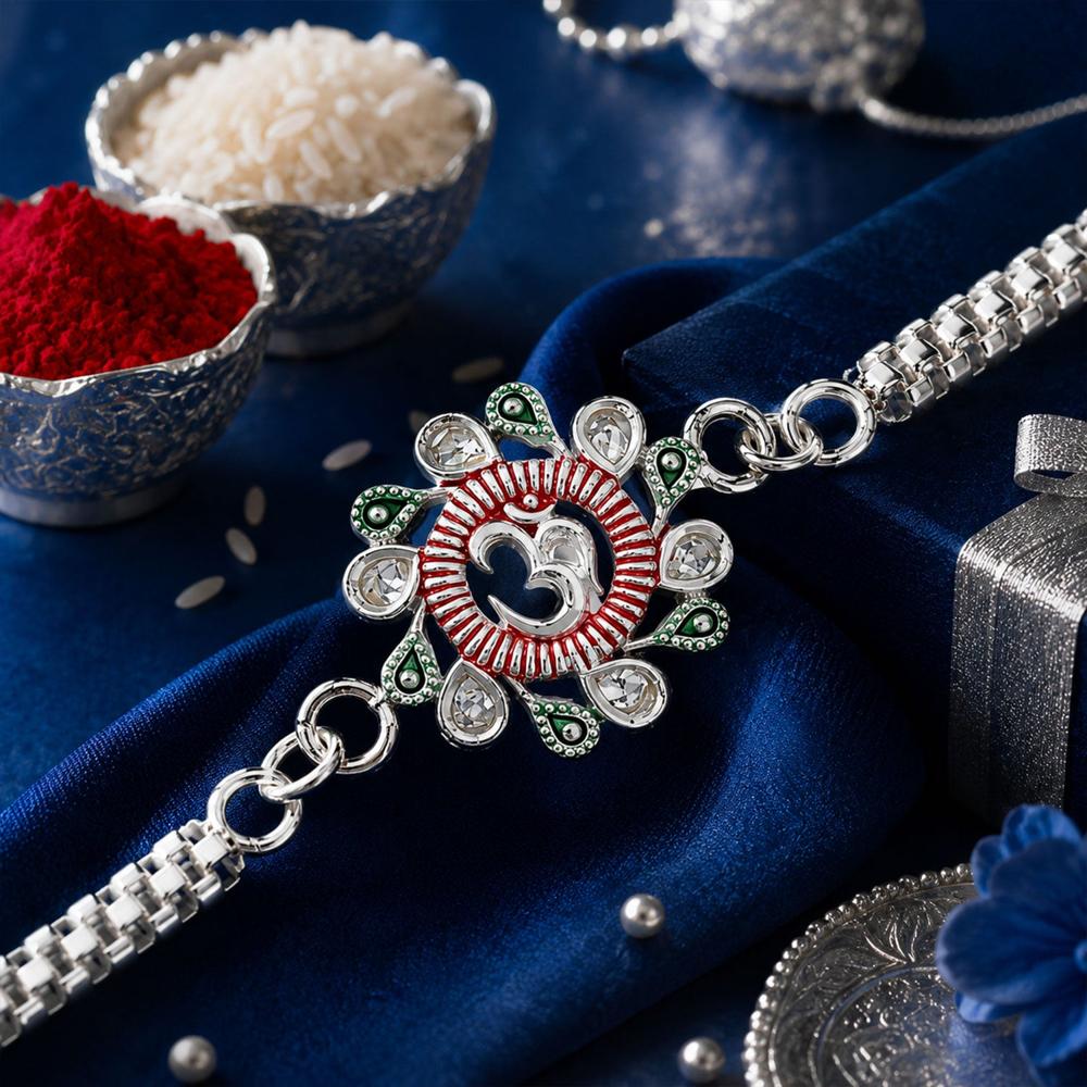 Floral Om Rakhi - Elegant Design for Brothers, Pink-Green Accents