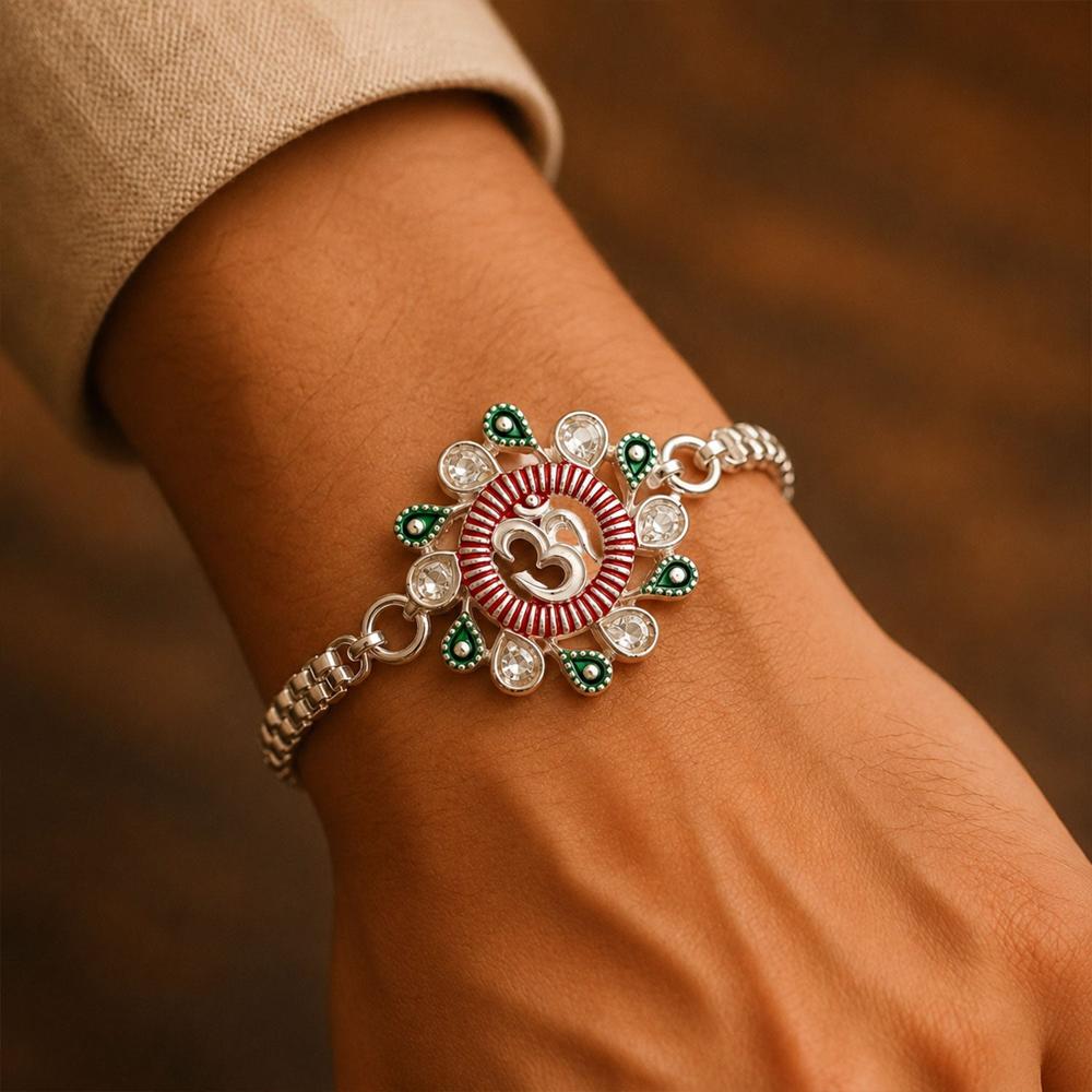 Floral Om Rakhi - Elegant Design for Brothers, Pink-Green Accents