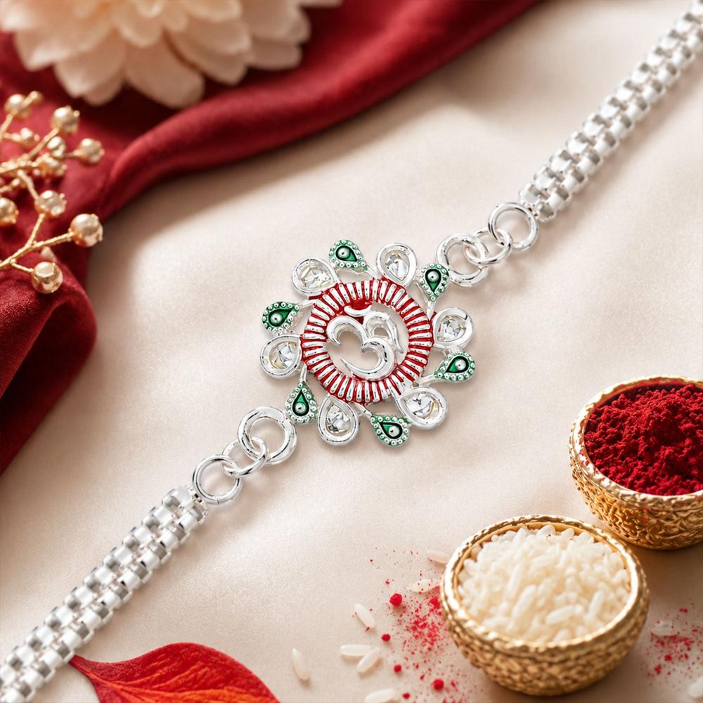 Floral Om Rakhi - Elegant Design for Brothers, Pink-Green Accents