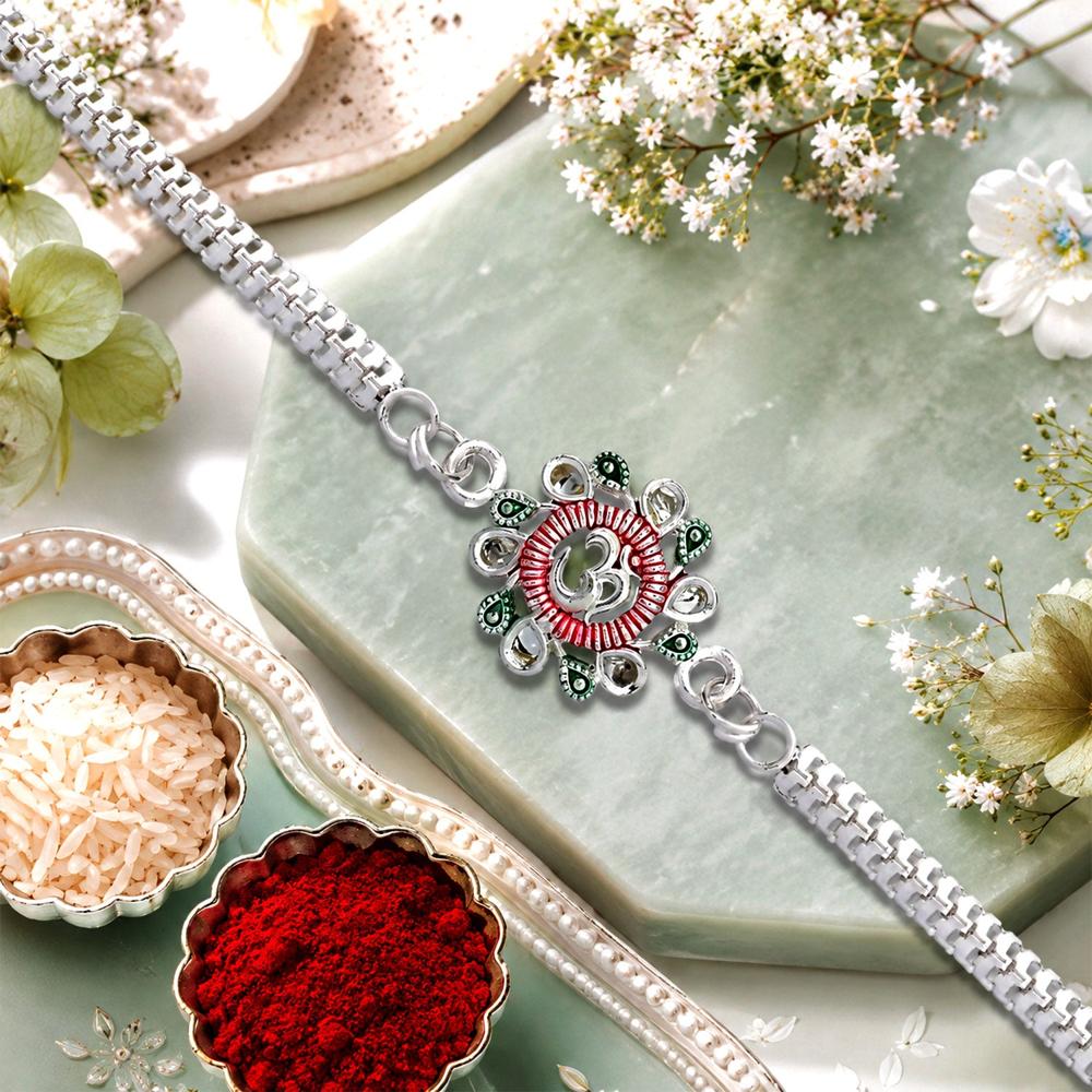 Floral Om Rakhi - Elegant Design for Brothers, Pink-Green Accents