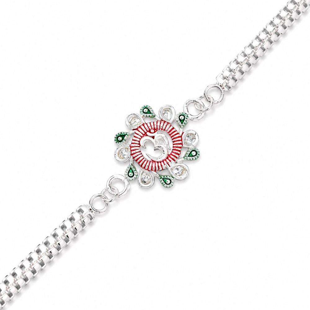 Floral Om Rakhi - Elegant Design for Brothers, Pink-Green Accents