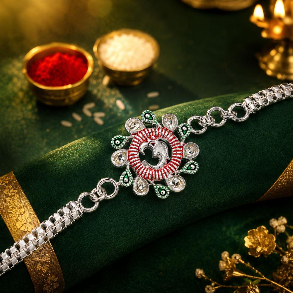 Floral Om Rakhi - Elegant Design for Brothers, Pink-Green Accents