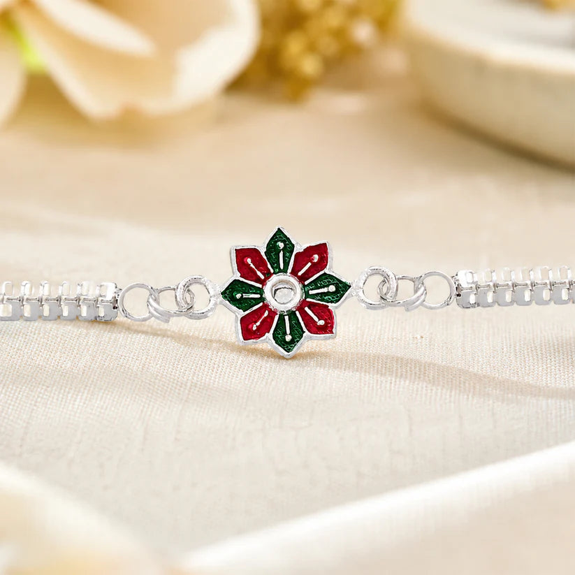 Silver Floral Rakhi Bracelet, Elegant Sibling Bond Symbol For Raksha