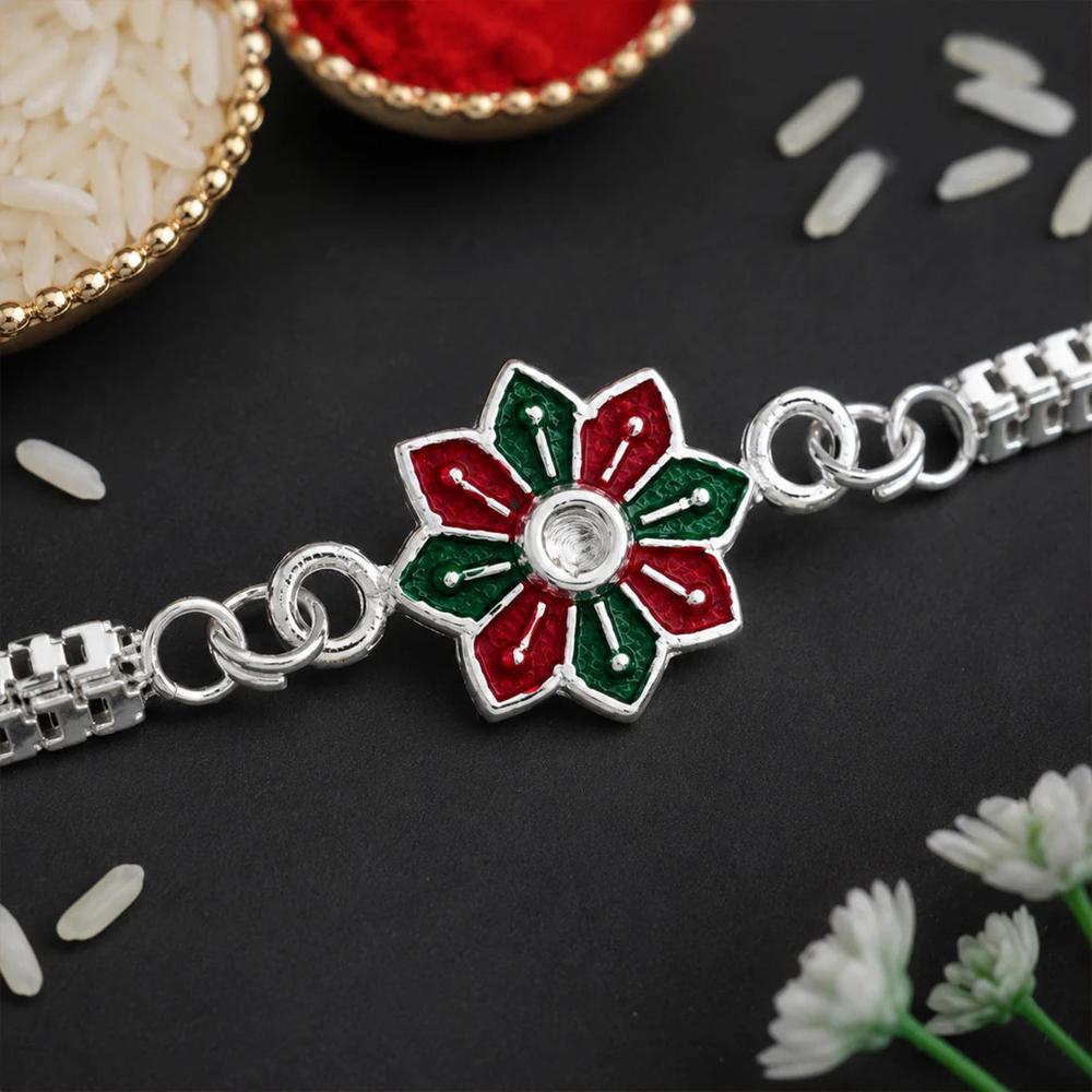 Silver Floral Rakhi Bracelet, Elegant Sibling Bond Symbol For Raksha
