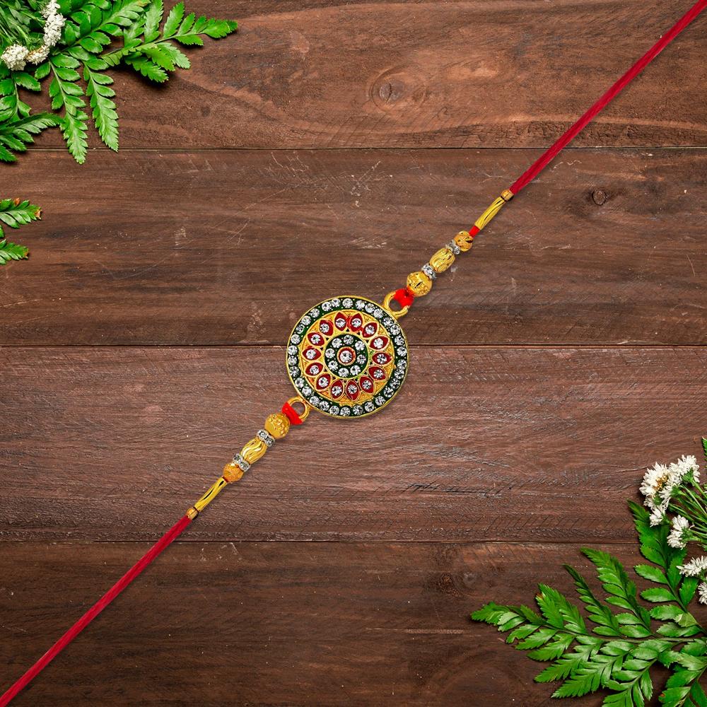 Royal Designer Rakhi - Kundan Centerpiece with Golden Beads