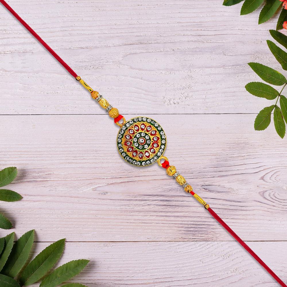 Royal Designer Rakhi - Kundan Centerpiece with Golden Beads