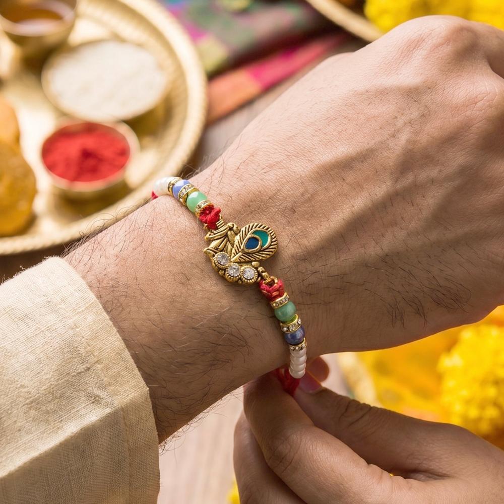 Pearl Cluster Bhabhi Rakhi - Elegant Peacock Charm for Festive Grace