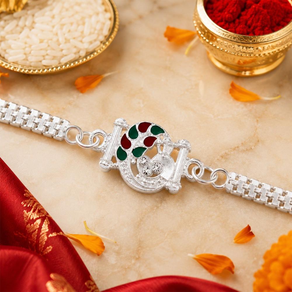 Silver Finish Rakhi - Red Green Enamel for Raksha Bandhan
