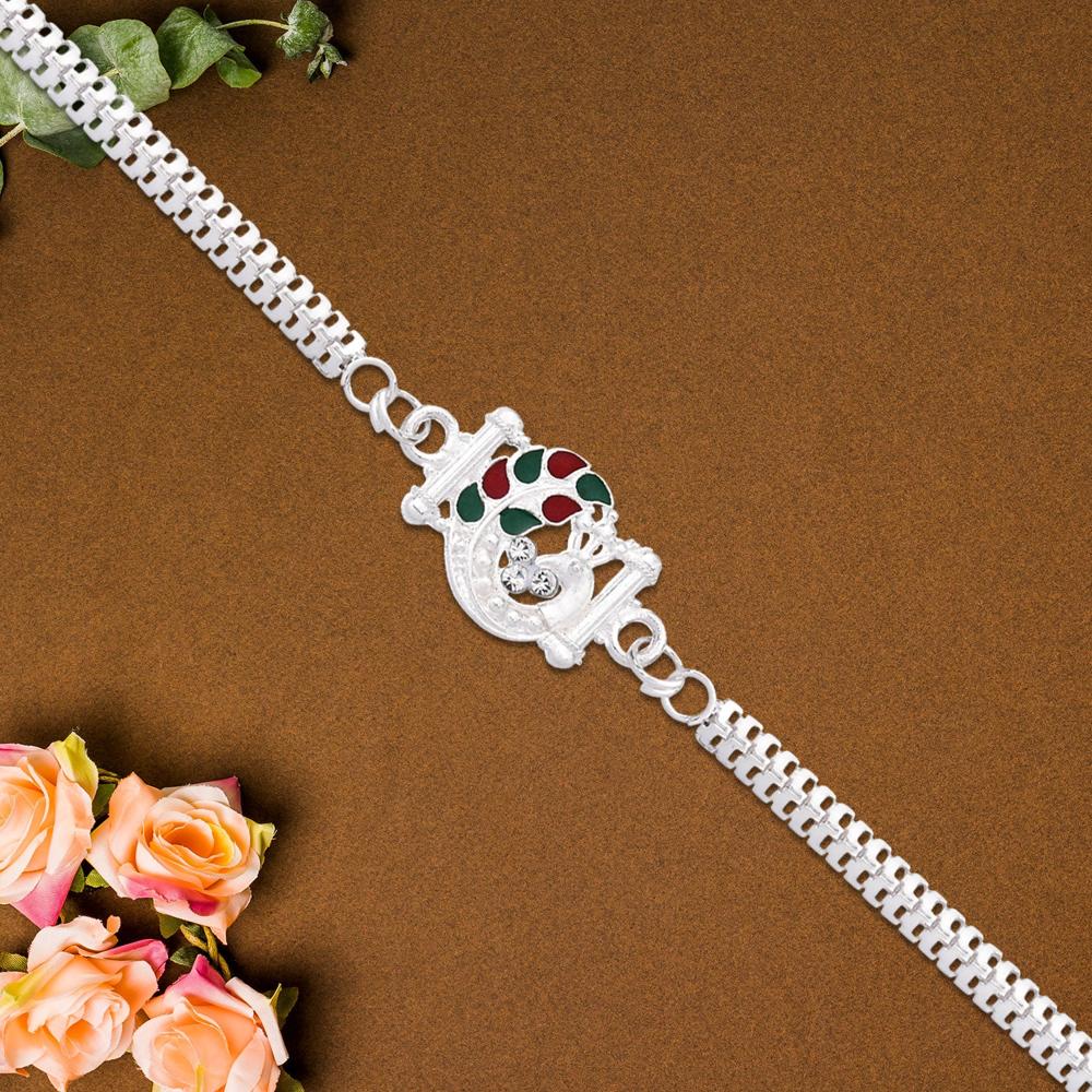 Silver Finish Rakhi - Red Green Enamel for Raksha Bandhan