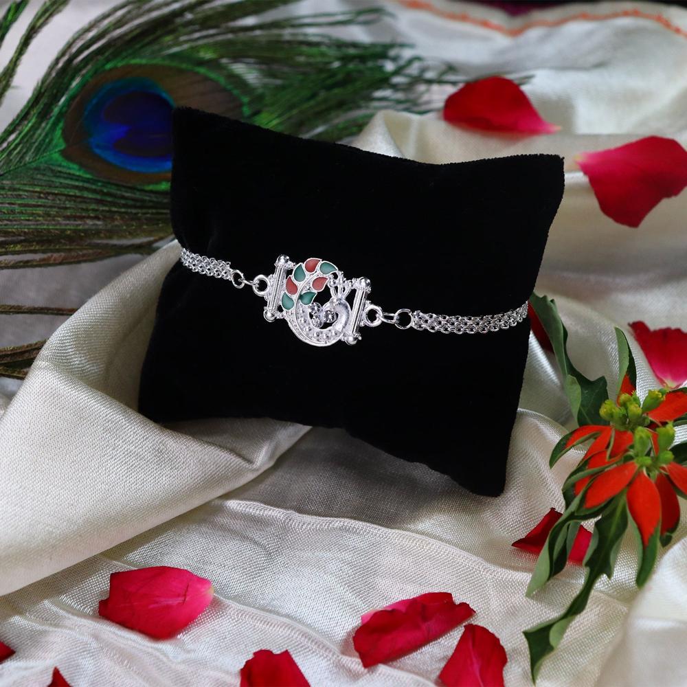 Silver Finish Rakhi - Red Green Enamel for Raksha Bandhan