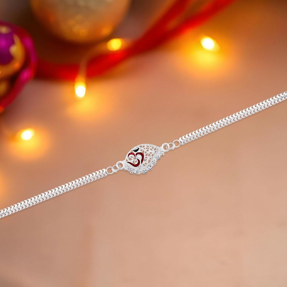 Silver Plated Om Symbol Rakhi - Elegant Dual Chain Design