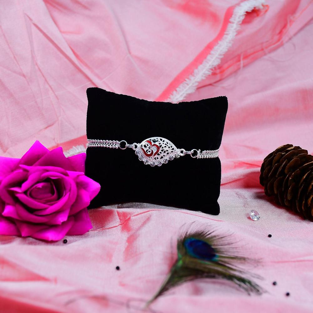 Silver Plated Om Symbol Rakhi - Elegant Dual Chain Design