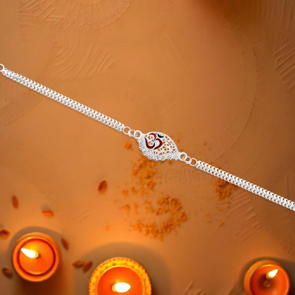 Silver Plated Om Symbol Rakhi - Elegant Dual Chain Design