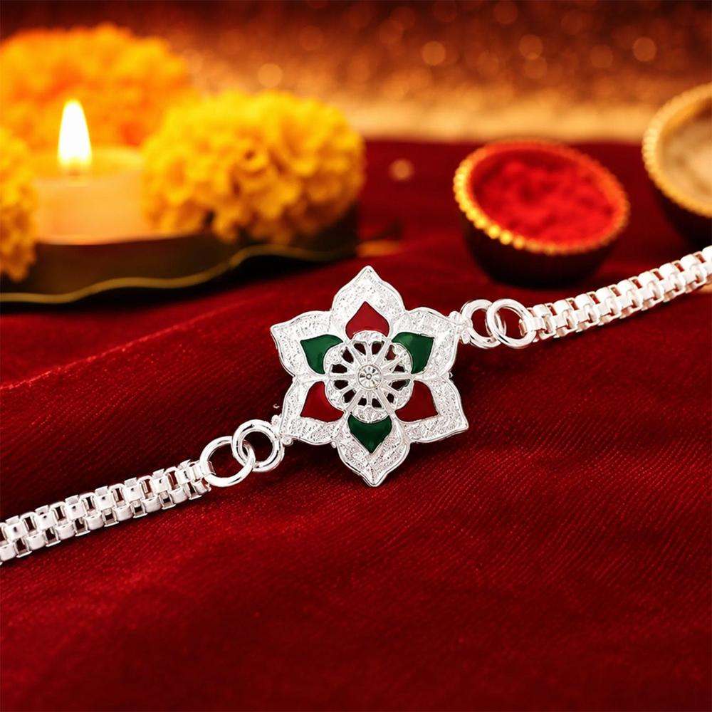 Silver Flower Rakhi - Elegant Red Green Enamel Bracelet - Application: Multipurpose Use