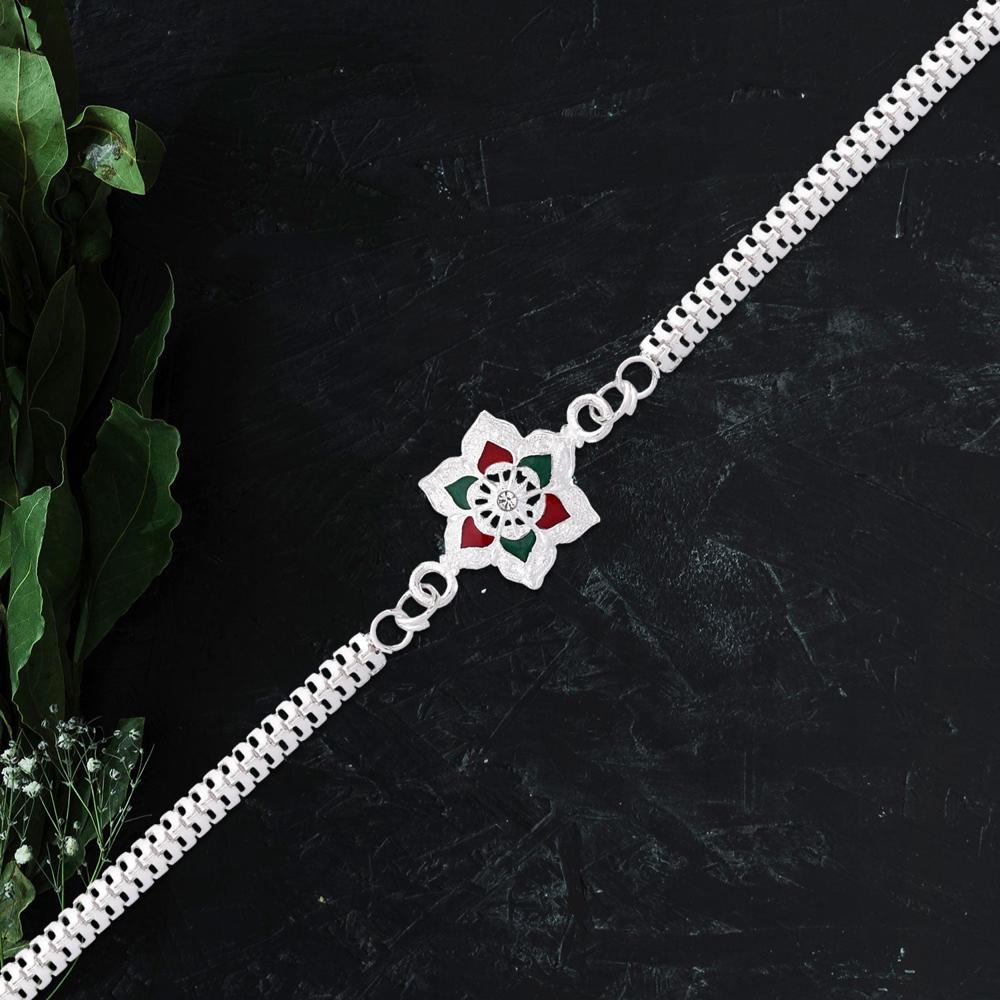 Silver Flower Rakhi - Elegant Red Green Enamel Bracelet