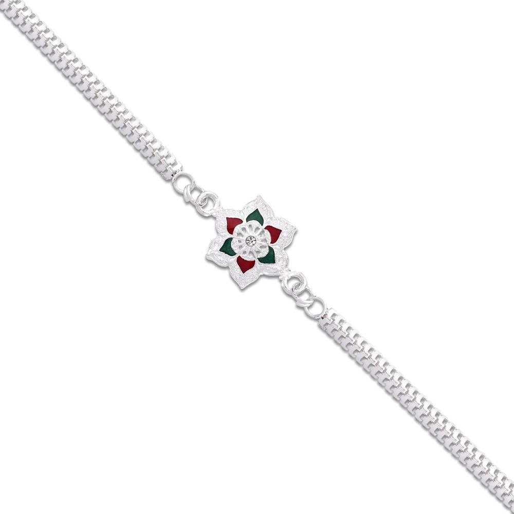 Silver Flower Rakhi - Elegant Red Green Enamel Bracelet