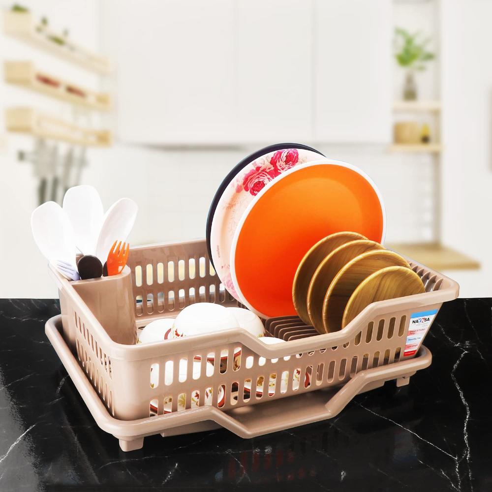 Nayasa Dimple Tray | Medium Size| Plastic Utensils Drying Rack With Tray | Dish Stand | Cutlery Holder | Strong & Durable | L 45 X B 30 X H 16 | Brown