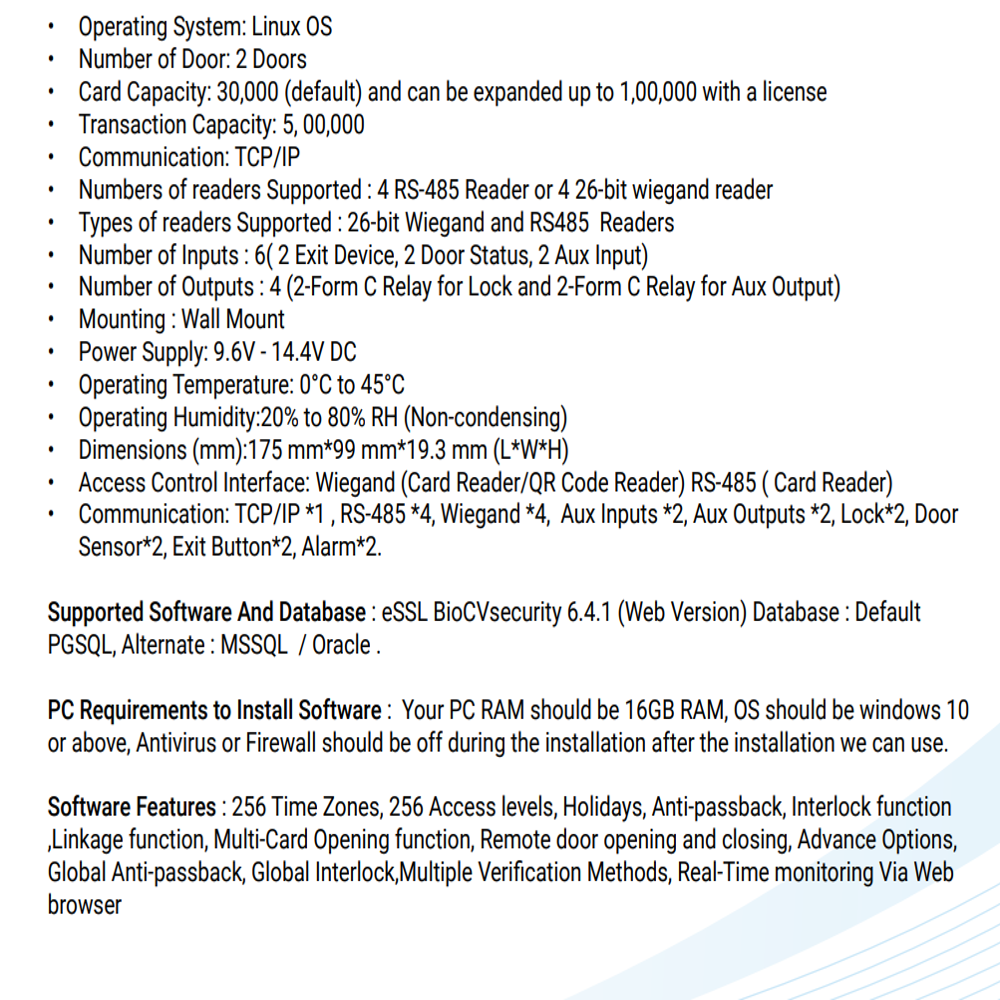 C3-200 Plus Door Access Control - Data Capacity: Card Capacity: 30