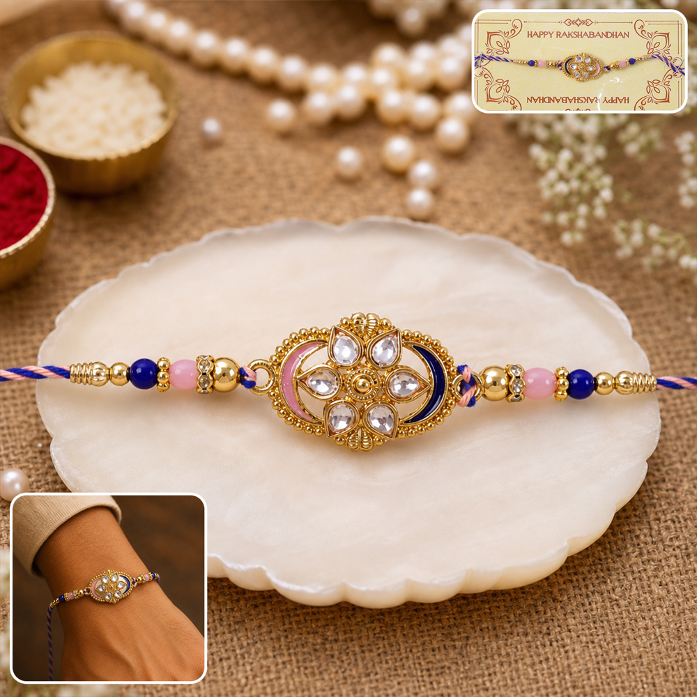 Kundan Floral Beaded Rakhi - Stylish Lightweight Thread for Brother