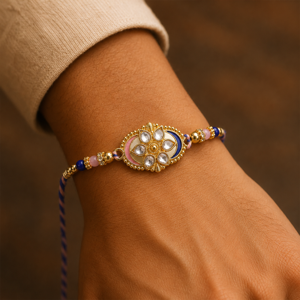 Kundan Floral Beaded Rakhi - Stylish Lightweight Thread for Brother