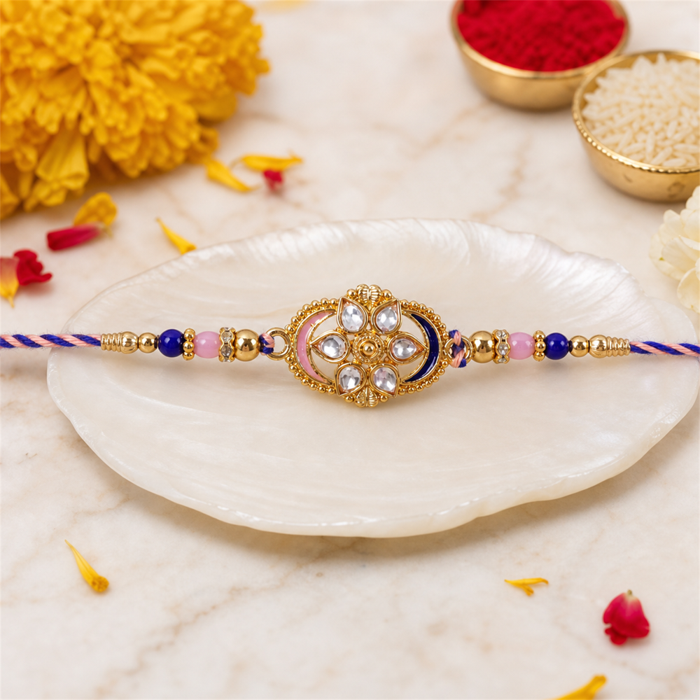 Kundan Floral Beaded Rakhi - Stylish Lightweight Thread for Brother