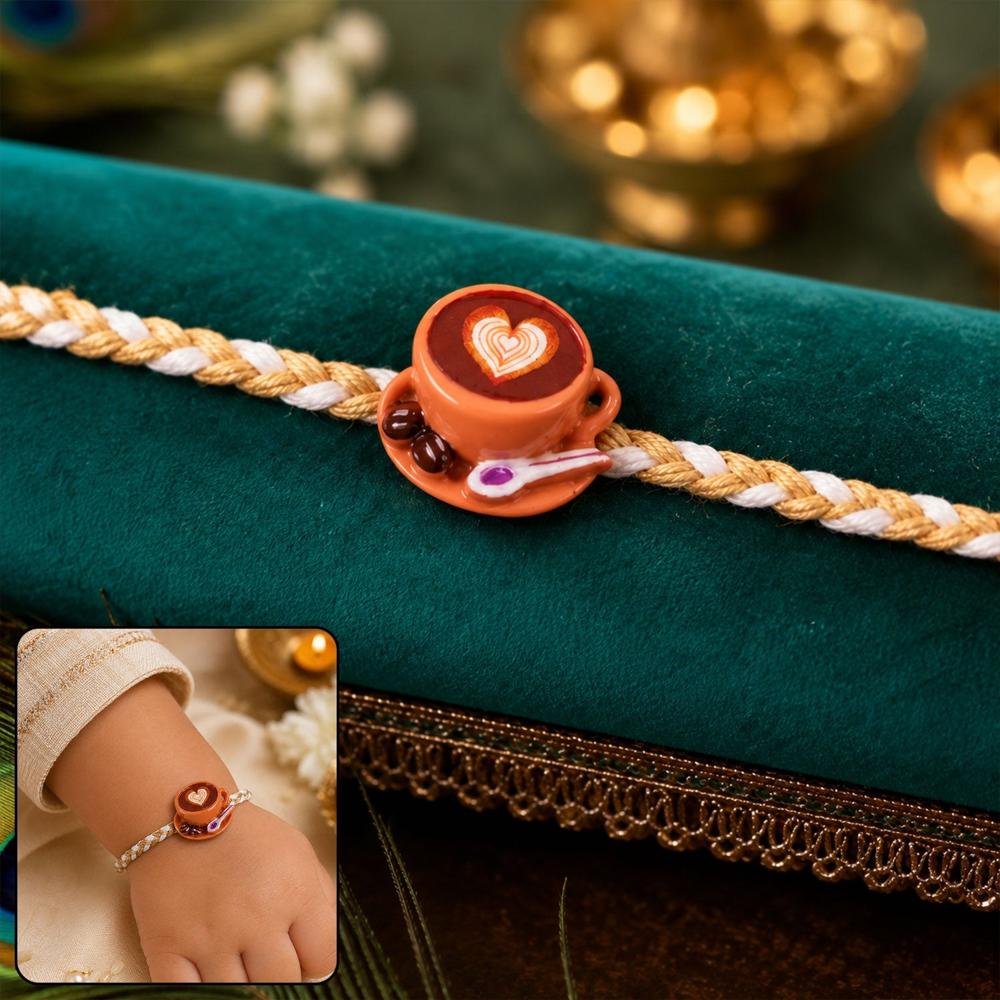 Rakhi - Stylish Coffee Cup Heart Charm with Braided Thread