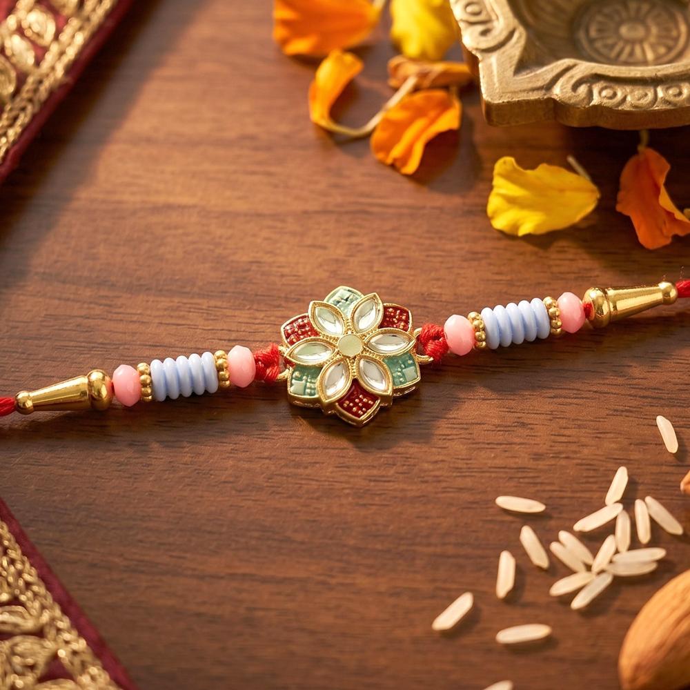 Floral Kundan Rakhi - Elegant Star Petal Design for Bhai