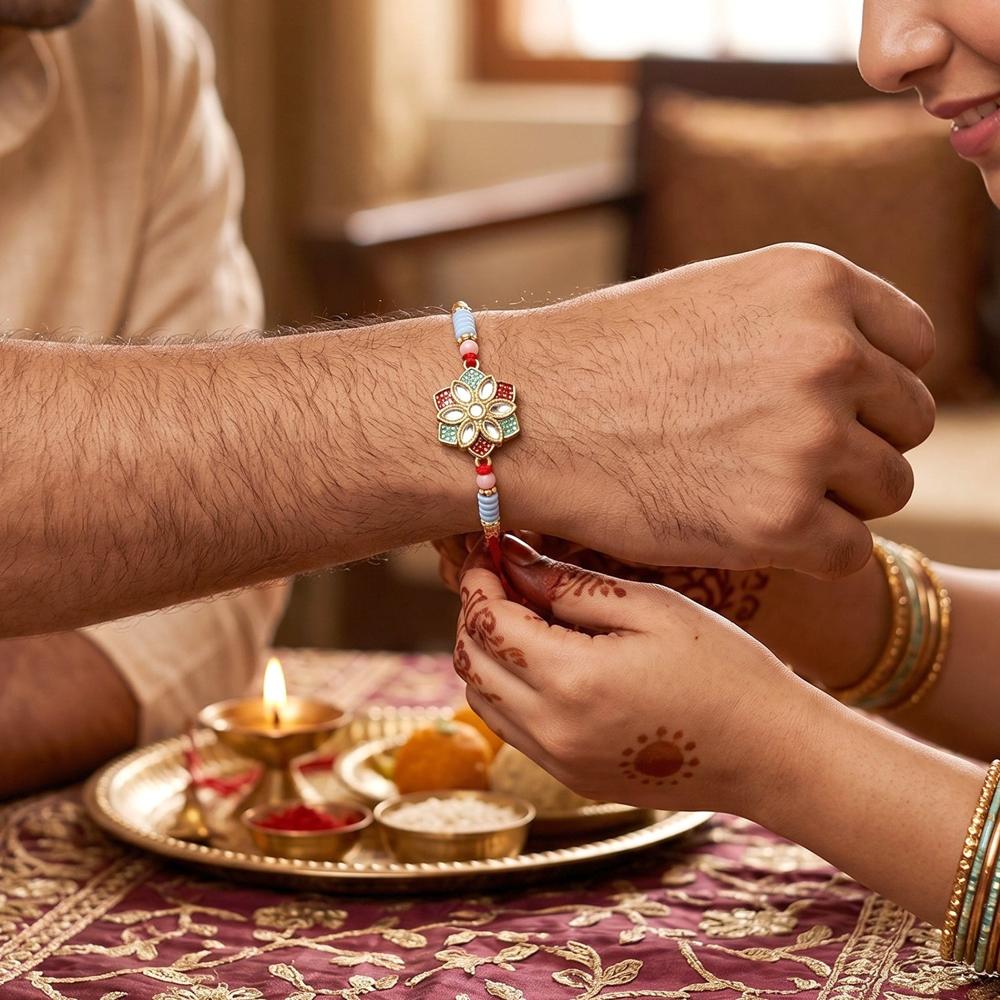 Floral Kundan Rakhi - Elegant Star Petal Design for Bhai