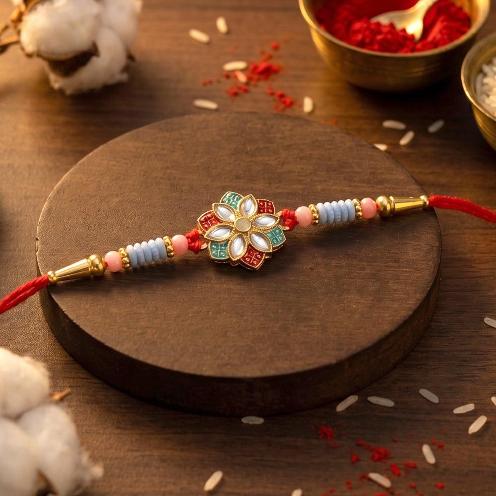 Floral Kundan Rakhi - Elegant Star Petal Design for Bhai