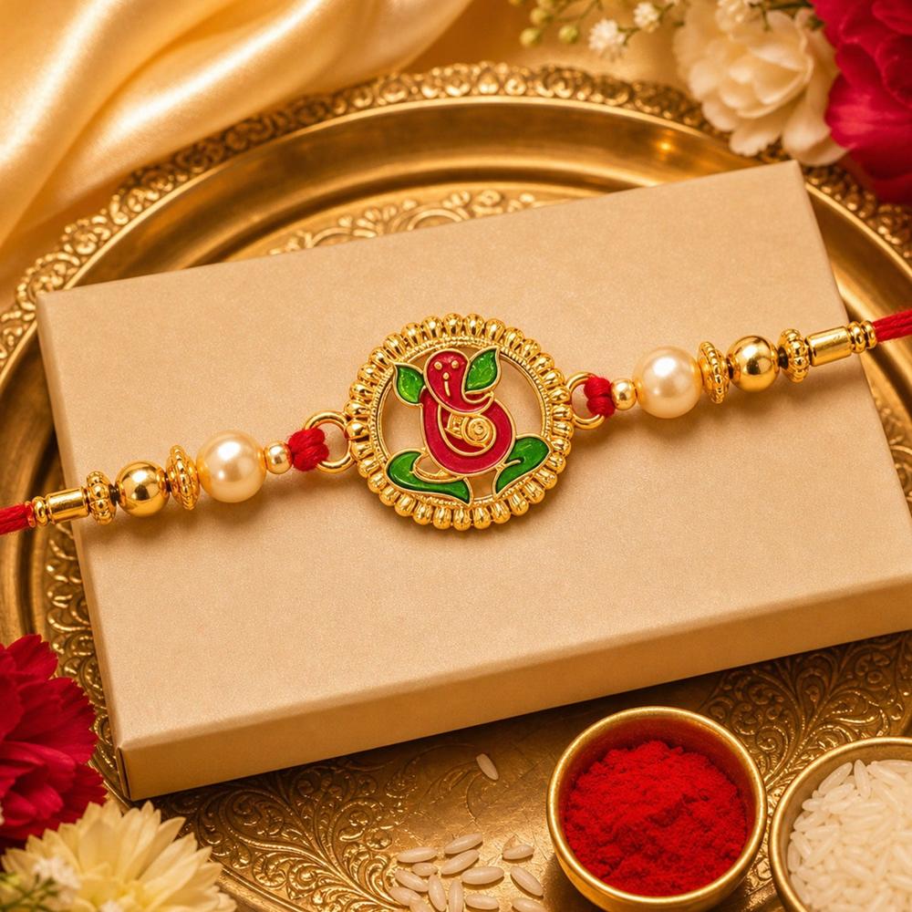 Ganesha Rakhi - Traditional Enamel & Golden Beads for Raksha Bandhan
