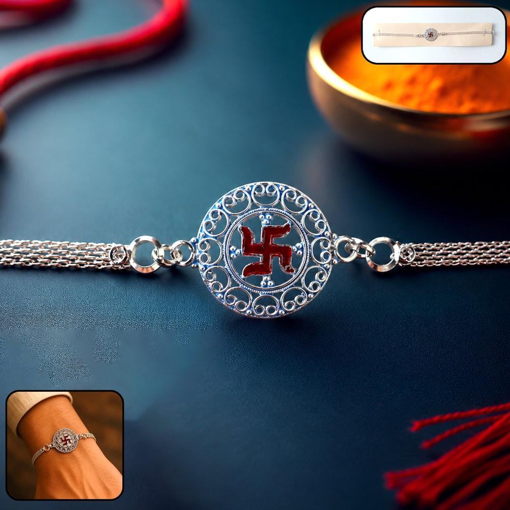 Rakshabandhan Silver Swastik Rakhi - Elegant Designer Gift