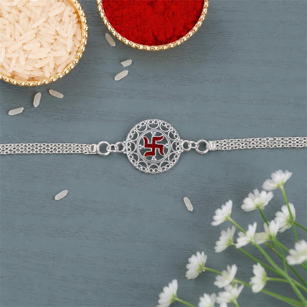 Rakshabandhan Silver Swastik Rakhi - Elegant Designer Gift