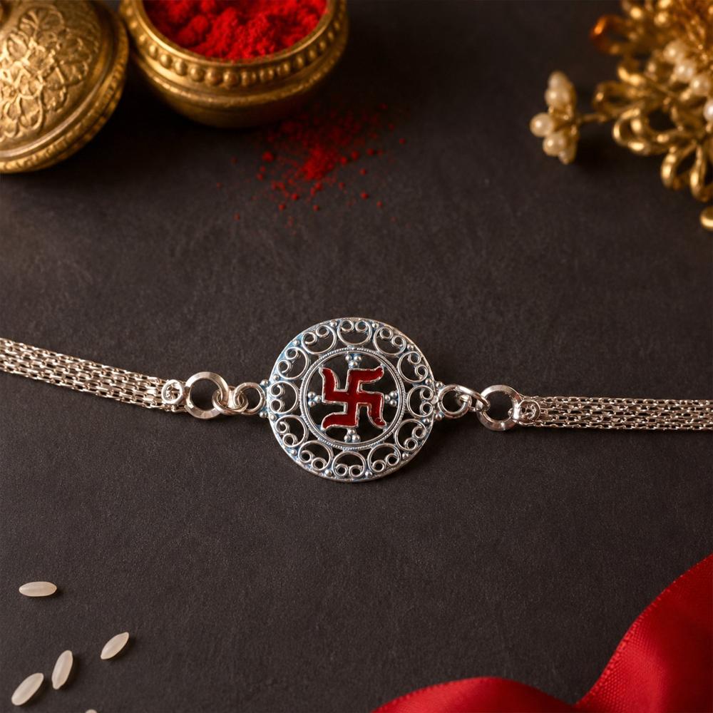 Rakshabandhan Silver Swastik Rakhi - Elegant Designer Gift