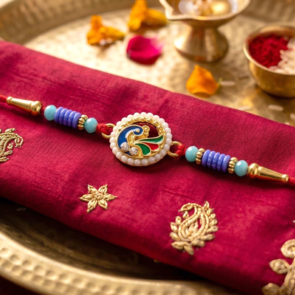 Peacock Pearl Rakhi - Elegant Designer Thread for Rakshabandhan